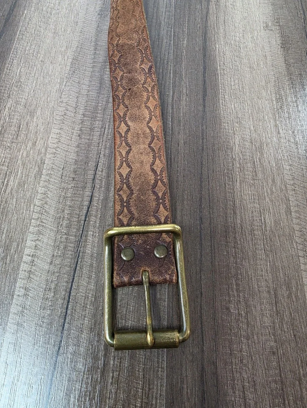 Vintage GAP Tooled Brown Leather Belt USA Brass Roller Buckle Americana. 38